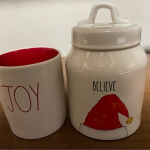 Rae Dunn Christmas BELIEVE Canister w/ Red Santa Hat & JOY Cup
